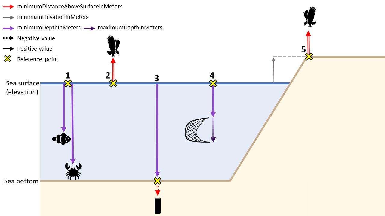 Illustration of different scenarios for filling depth-related DwC fields. Scenarios include: 1) a biological organism observed at a specific depth below the sea surface, 2) a bird observed above the sea surface, 3) a sediment core taken from the seabed at a given depth, 4) a net of a given length pulled through the water column at a certain depth, 5) a bird observed above land near the sea surface. Reference points (yellow crosses) do not correspond with a DwC term, but are useful to determine which depth fields may be needed to understand the location of an occurrence. Depth values are always positive, while distances above a surface can be either negative or positive, depending on whether the occurrence is above or below the reference point.
