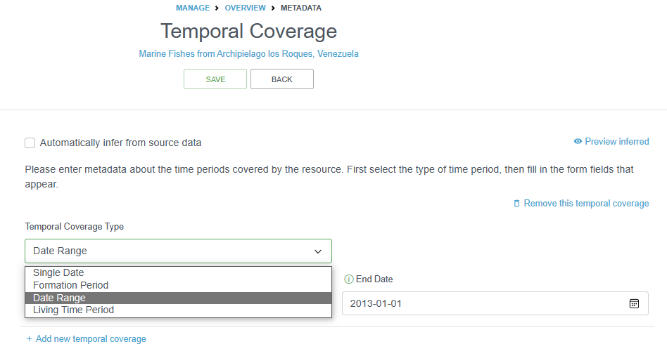 Example of the Temporal Coverage section of the metadata