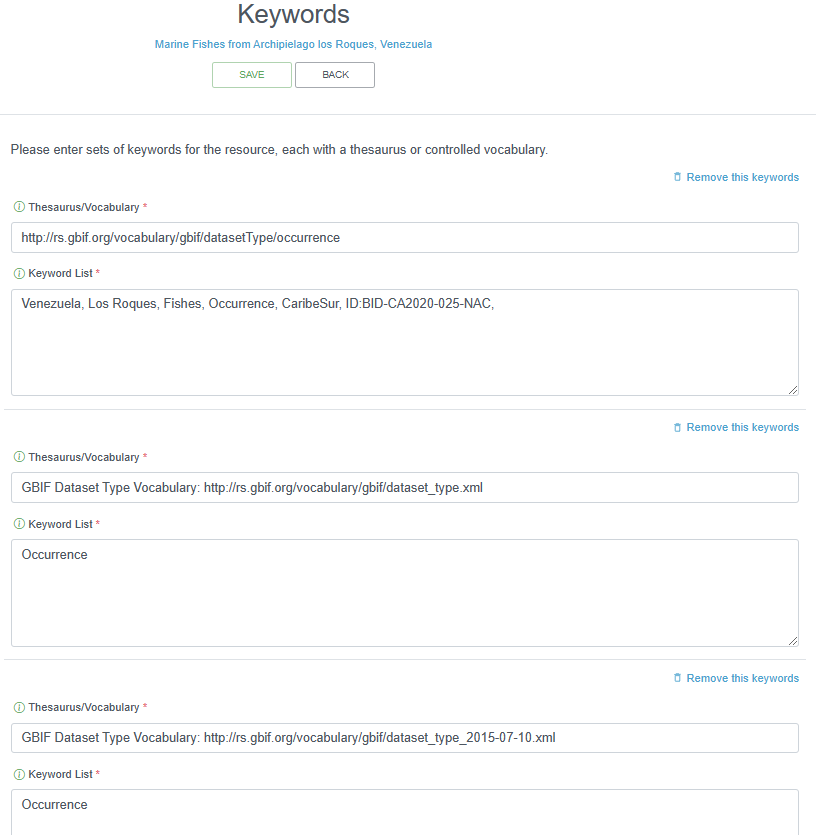 Example of the Keywords section of the metadata, showing input for a marine fishes dataset