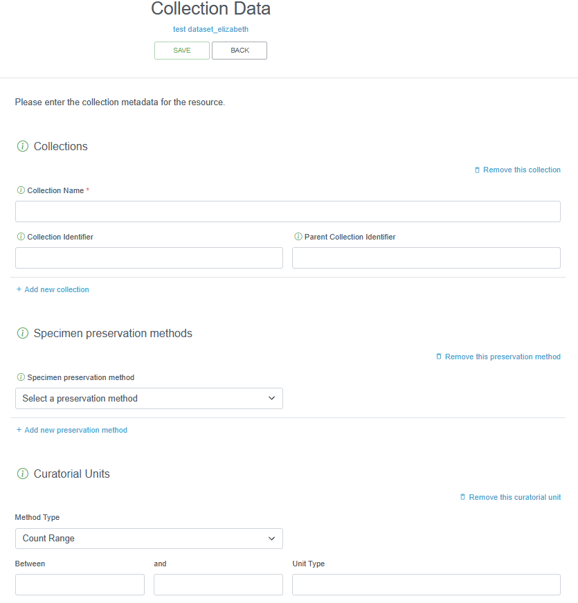 Screenshot of the Collection Data page showing what information can be provided for museum specimens