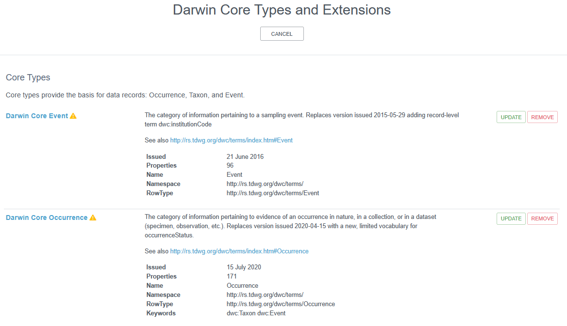 Screenshot demonstrating when core or extensions need to be updated