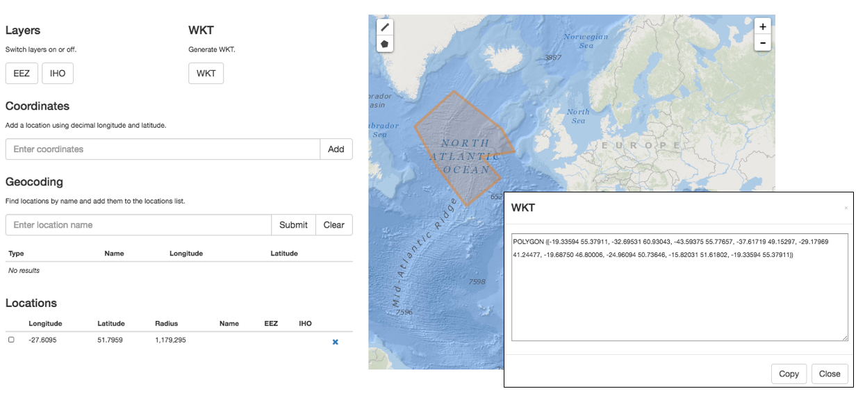 A screenshot demonstrating the OBIS Maptool's WKT function. After generating a polygon, pressing the WKT button will open a pop-up where you can copy the string. The Locations table provides the longitude, latitude, and radius to be used in `decimalLongitude`, `decimalLatitude`, and `coordinateUncertaintyInMeters` respectively.